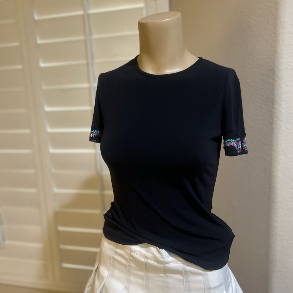 Versace Black Jersey knit Stretch Fitted Embellish Short Sleeve Blouse Top  sz S - Picture 2 of 11